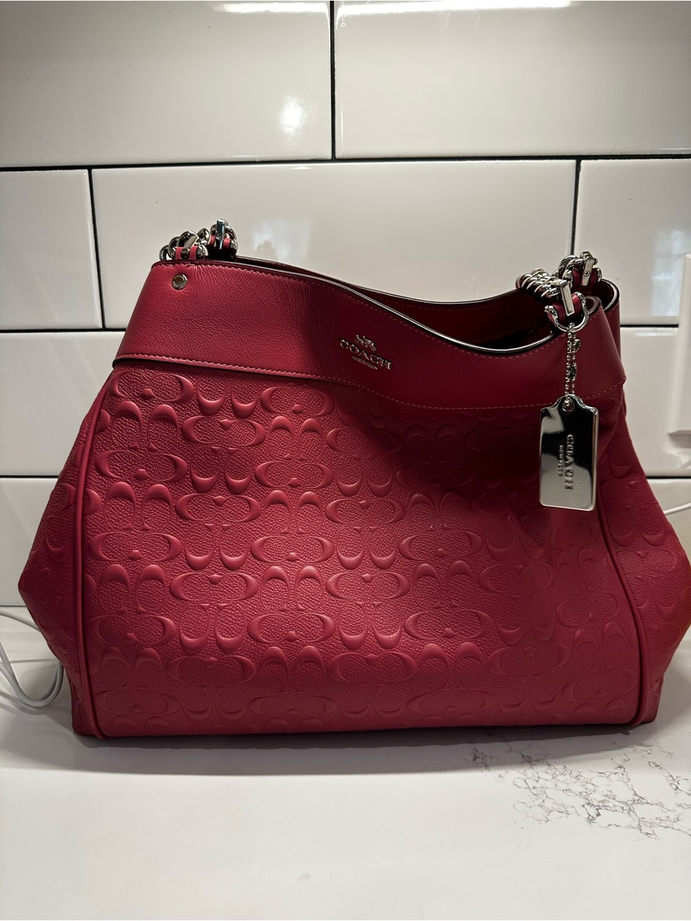 Coach pink Embossed Leather Tote with Chain-Detail - Picture 3 of 12